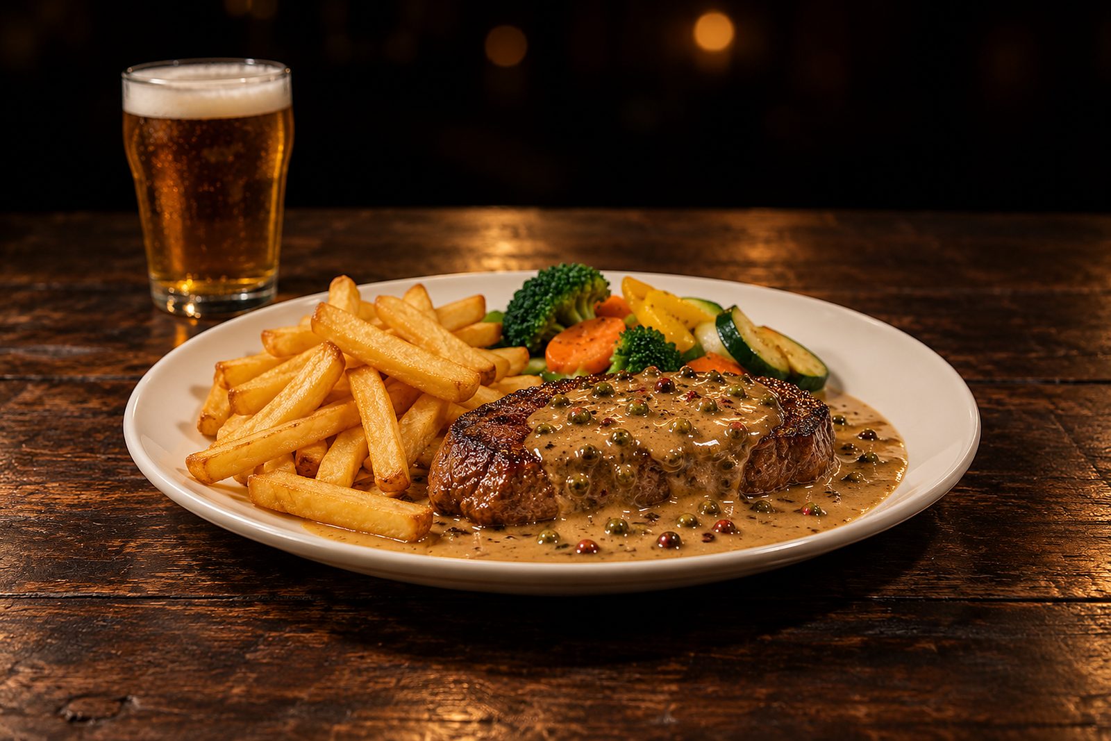 Pfeffersteak mit Pommes und Gemüse auf einem weißen Teller, dahinter ein Glas Bier unter einer Lampe.