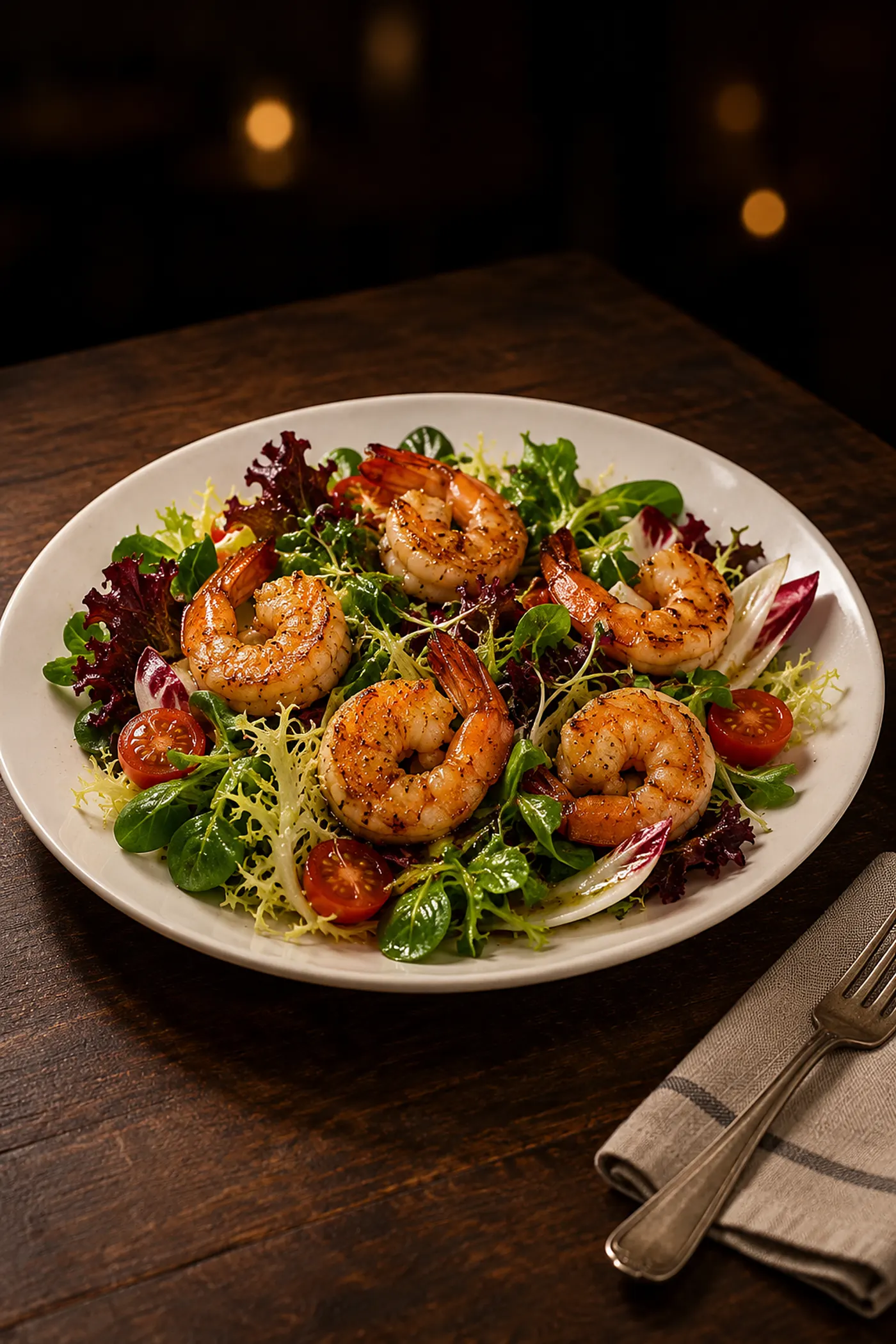 Gemischter Salat mit gebratenen Garnelen.