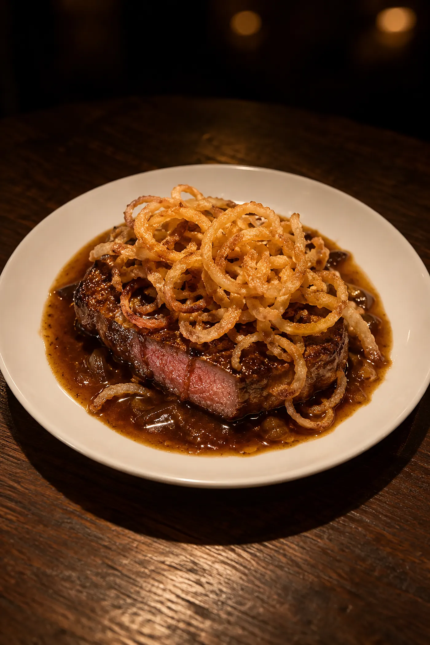 Zwiebelrostbraten mit Röstzwiebeln in dunkler Soße auf weißem Teller.